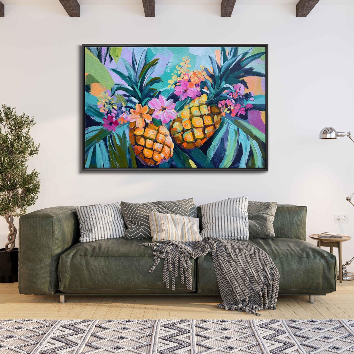 Two Pineapples Bright Flowers Palm Fronds Colorful Tropical Art Poster - Image 3