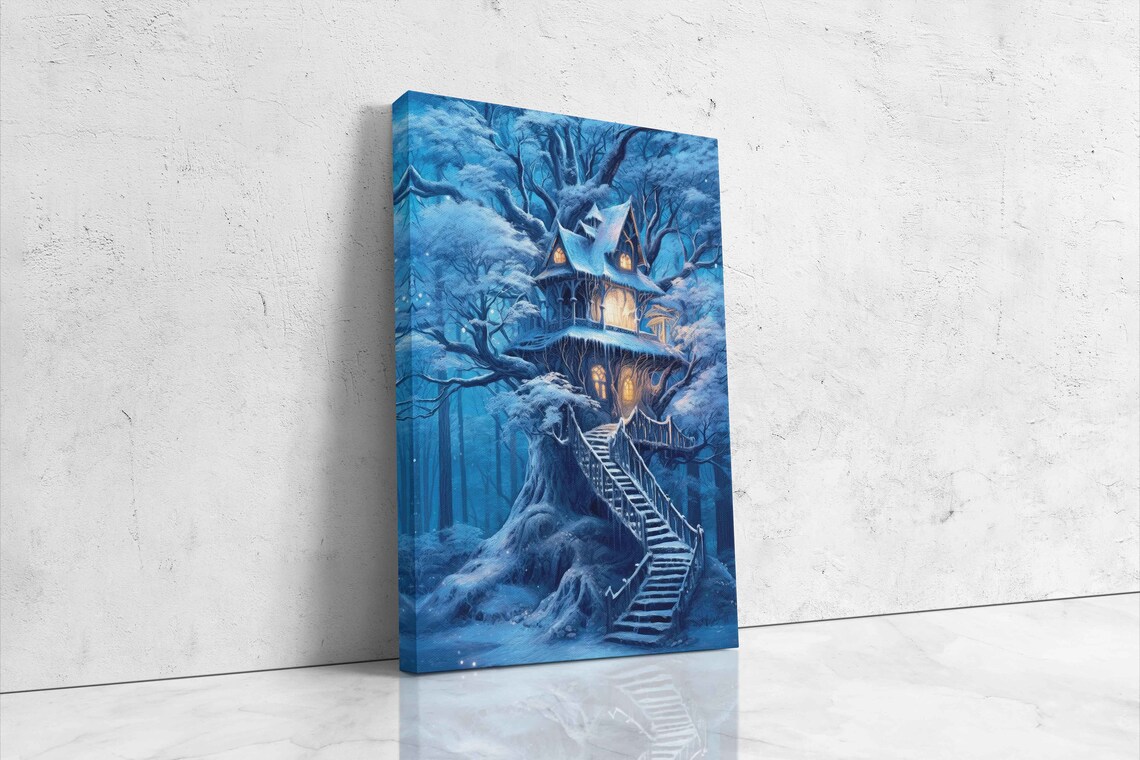 Snow-Covered Treehouse in Winter, Holiday Wall Art Print - Image 4
