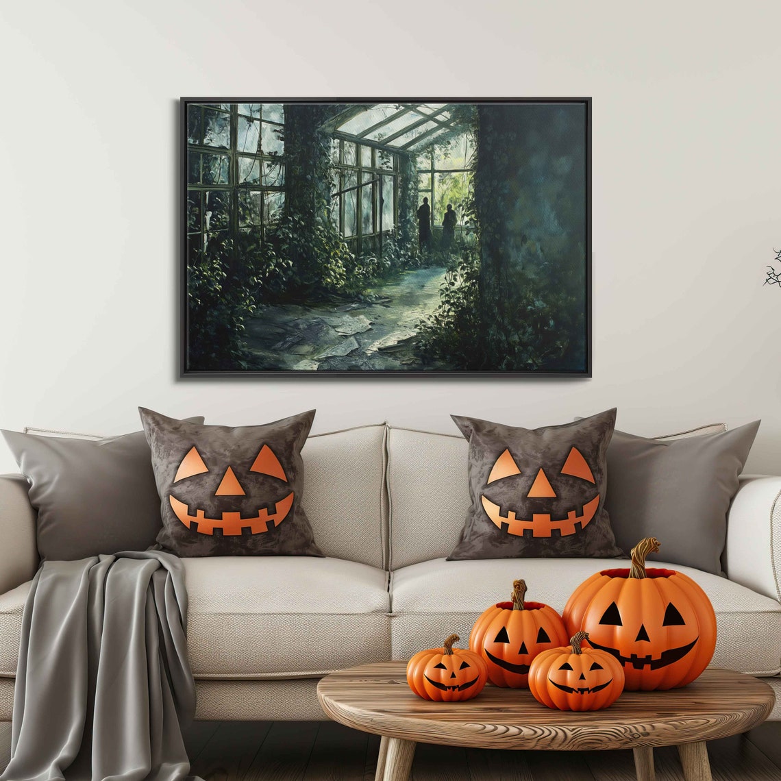 Ghostly Figures In Overgrown Greenhouse Foggy Night Halloween Art - Image 3