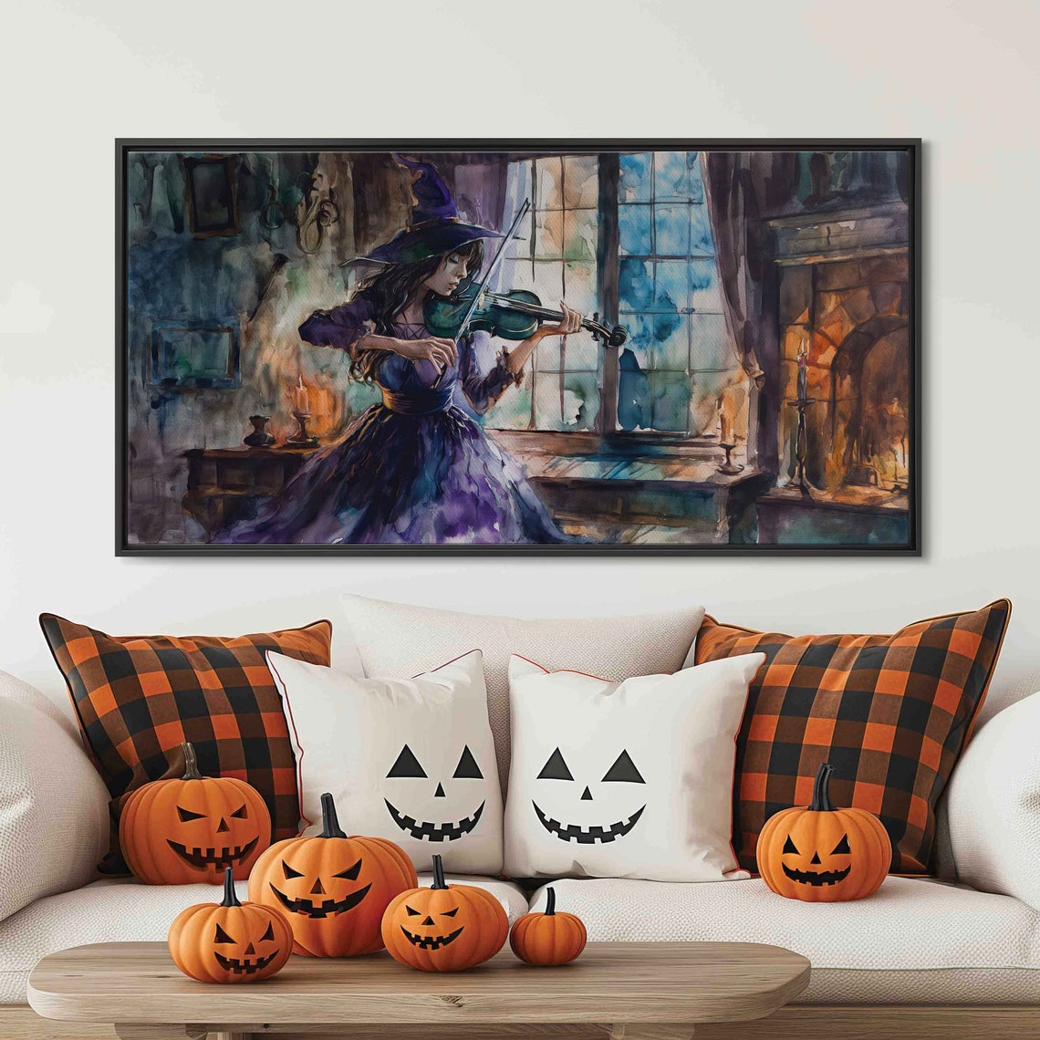 Beautiful Witch Playing Violin Cozy Fireplace Room Watercolor Poster