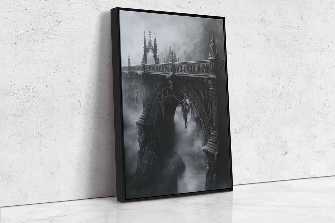 Gothic Stone Bridge Over Misty River In Fog Spooky Medieval Wall Art Poster - Image 4