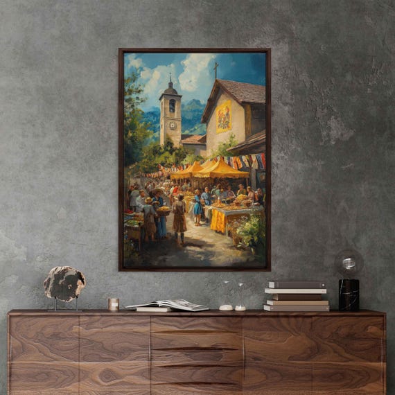Rural Village During Catholic Feast Wall Art Print Joyful Townsfolk Historic Church
