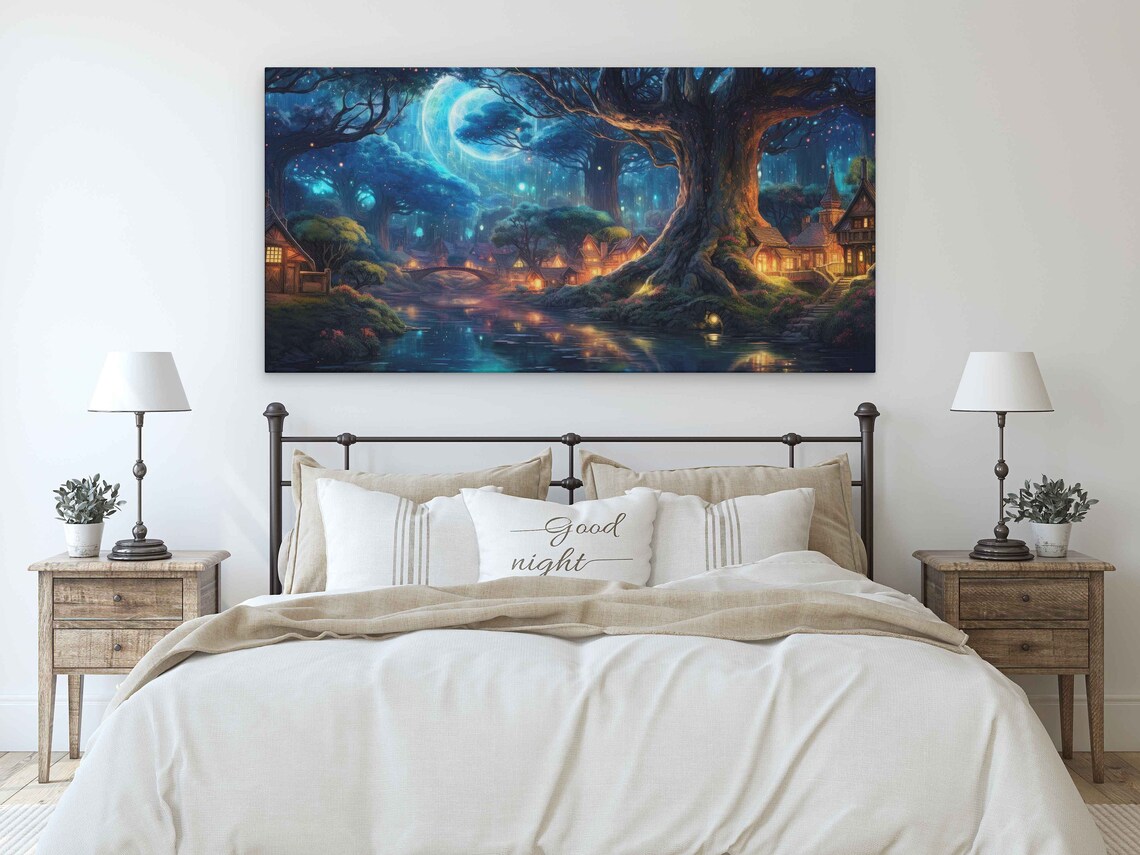 Moonlit Enchanted Forest Village River Starry Night Fantasy Landscape Poster - Image 3
