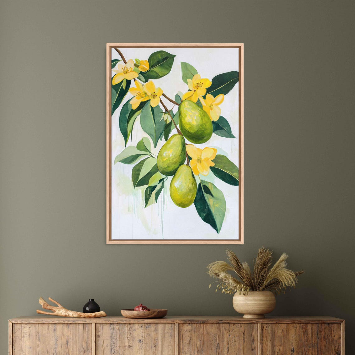 Green Avocados With Yellow Blossoms Botanical Branch Art Poster