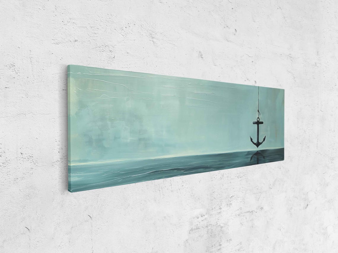 Hanging Anchor Over Tranquil Teal Ocean Minimalist Nautical Wall Art - Image 4