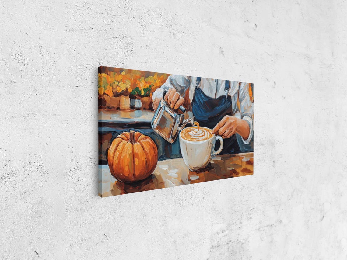 Barista Pouring Latte Art With Pumpkin On Cozy Cafe Table Print - Image 4