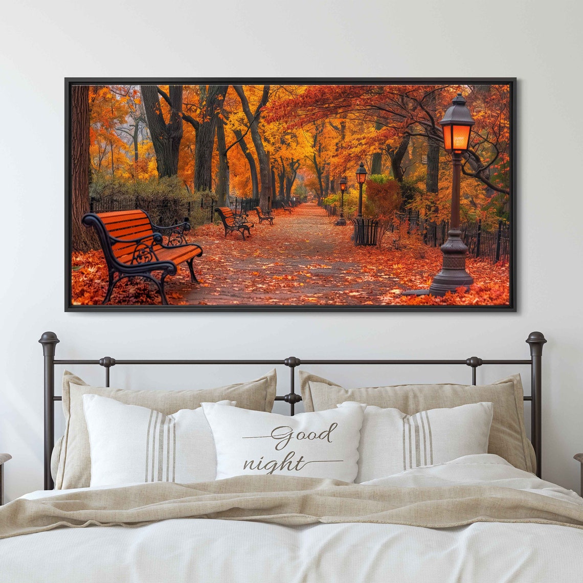 Autumn Park Alley Glowing Lamps Benches Red Foliage Photo Poster - Image 3