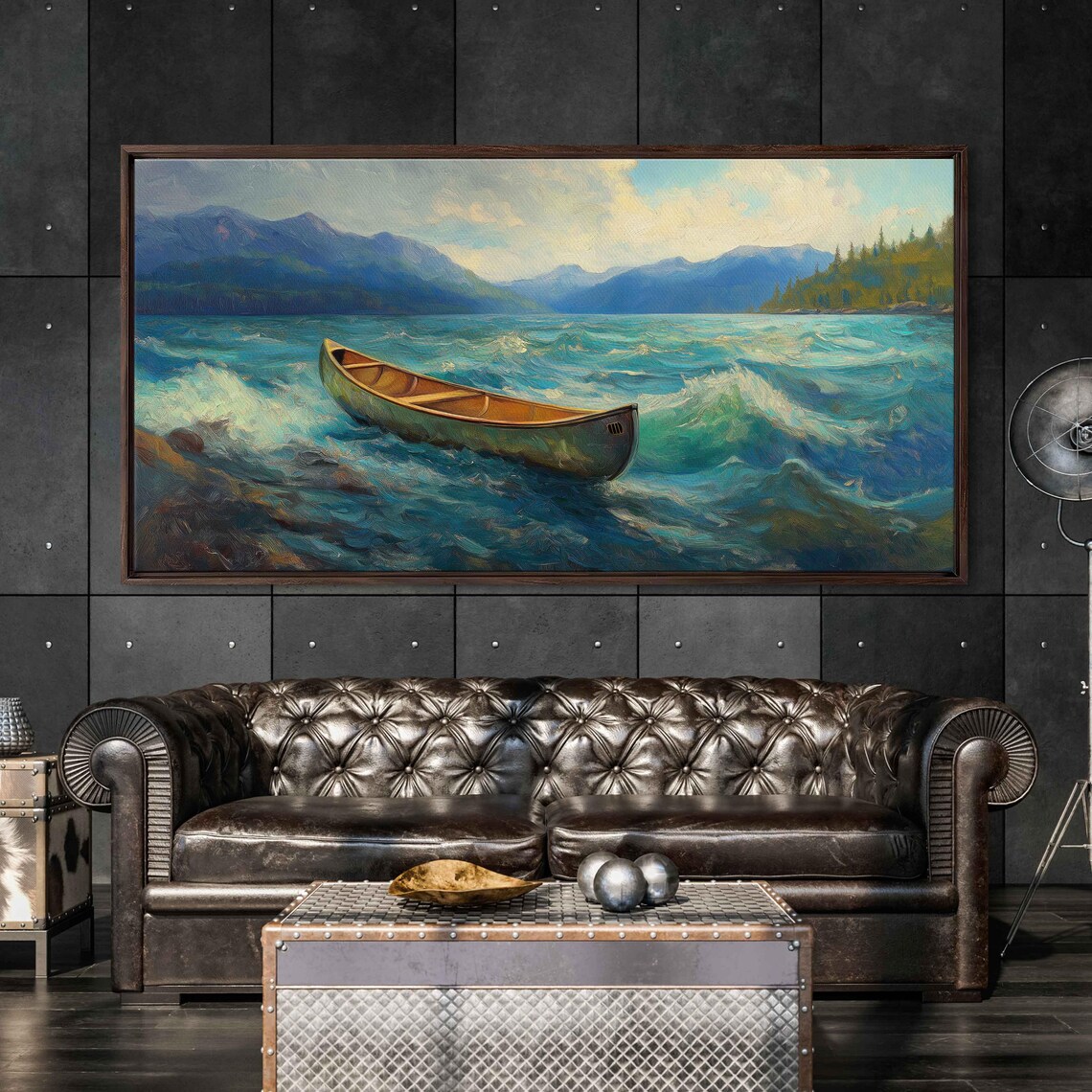 Lone Canoe On Lively Lake Wall Art Print Dynamic Oil Painting Mountain View - Image 3