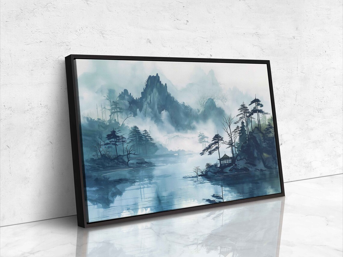 Japanese Ink Wash Mountain Lake Misty Pines Serene Asian Landscape Print - Image 4