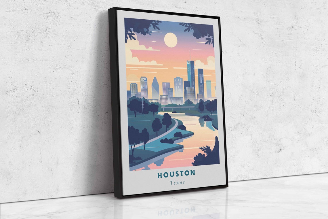 Houston Texas Skyline Bayou Park Sunset Reflection Travel Poster - Image 2