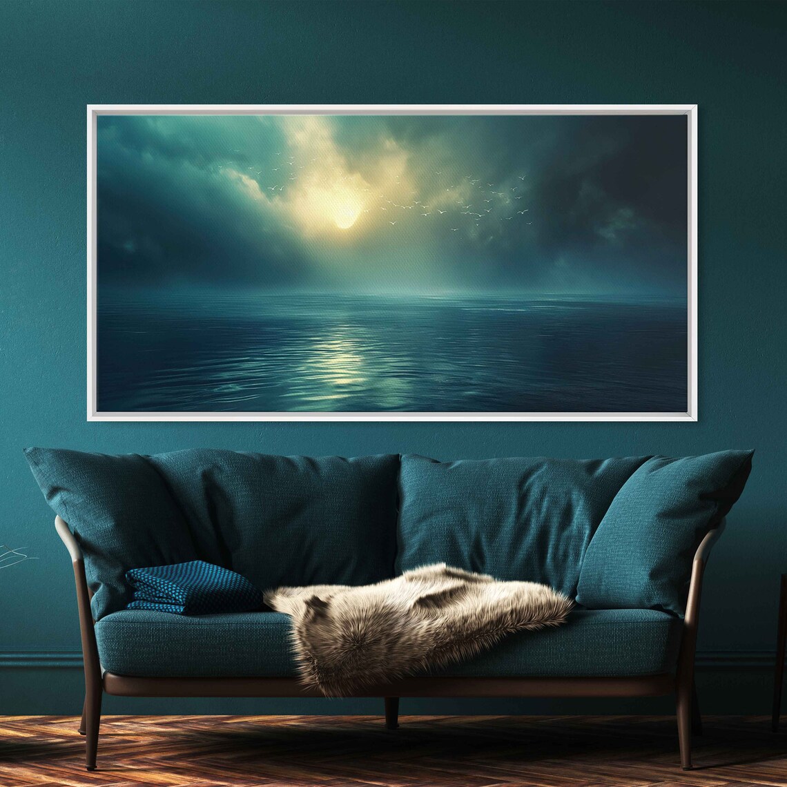 Moody Dark Ocean Night Sky Breaking Light Seabirds Soaring Dramatic Art Poster