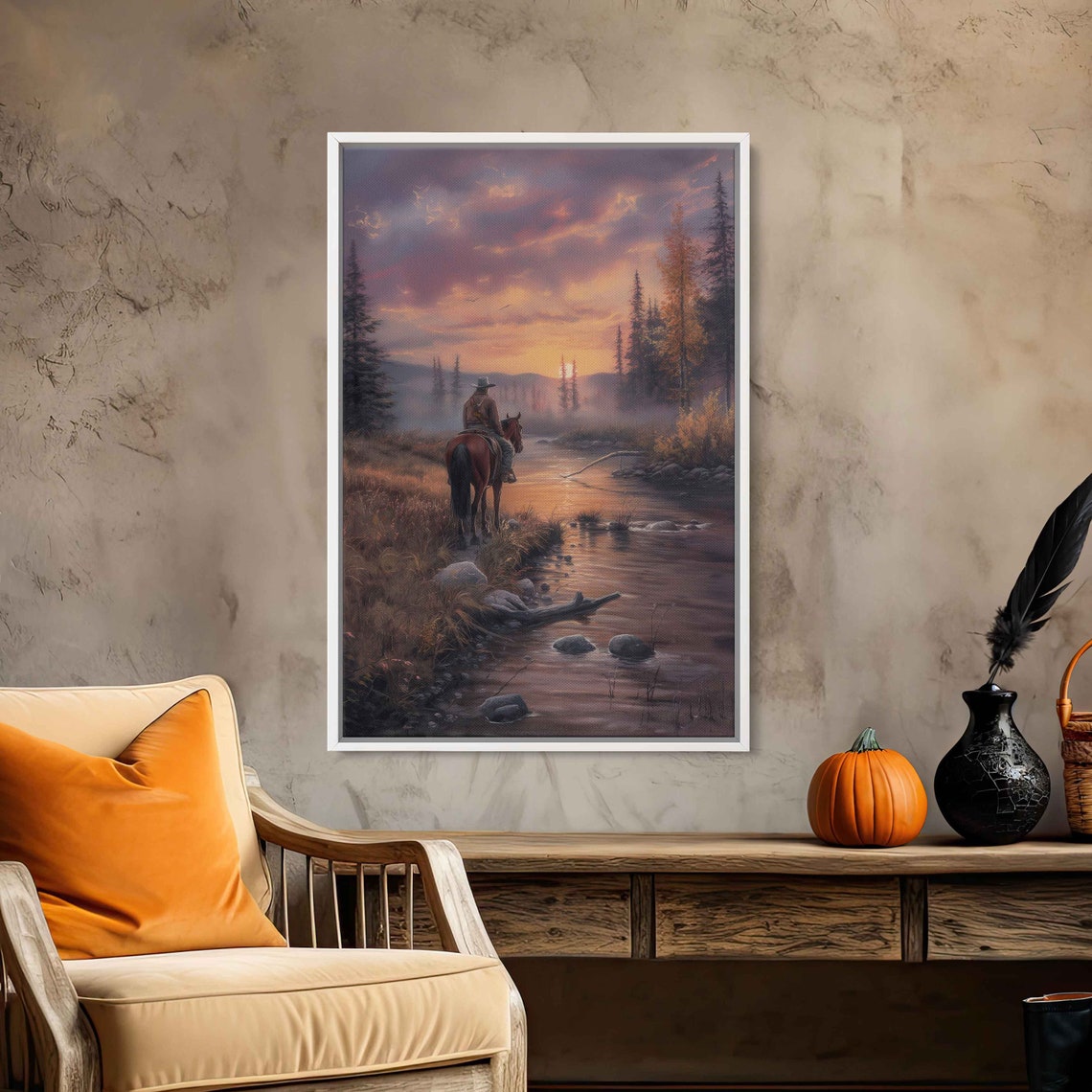 Cowboy On Horse Misty River Peaceful Sunset Forest Western Art Print - Image 2
