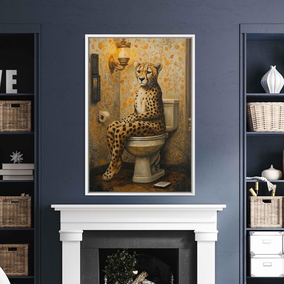 Whimsical Cheetah Sitting Upright On Retro Bathroom Toilet Poster