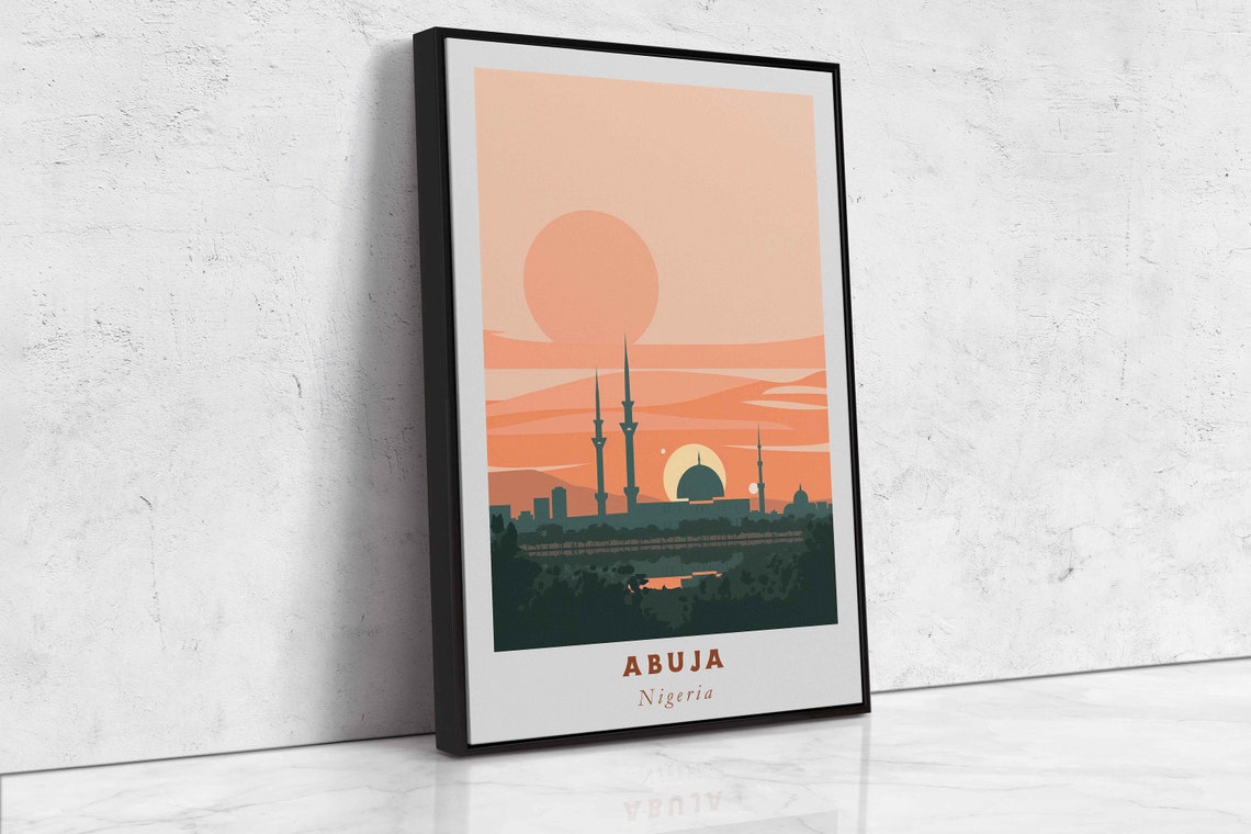 Abuja Nigeria Mosque Minarets Silhouette Sunset Skyline Travel Poster - Image 2