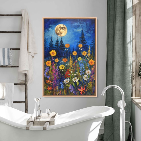Field Of Vibrant Flowers Full Moon Starry Night Painting Framed Print Ready To Hang