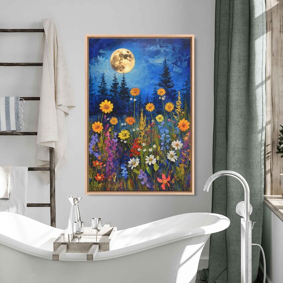 Moonlit Wildflower Meadow Full Moon Blooming Sunflowers Night Sky Poster