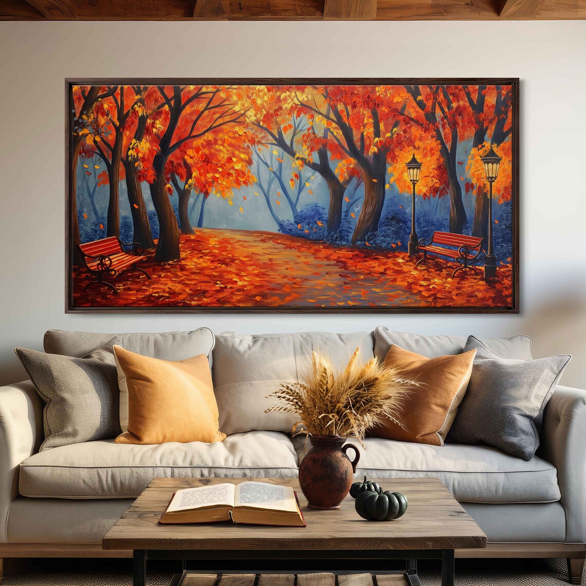 Autumn Park With Red Benches And Street Lamps Oil Painting Poster