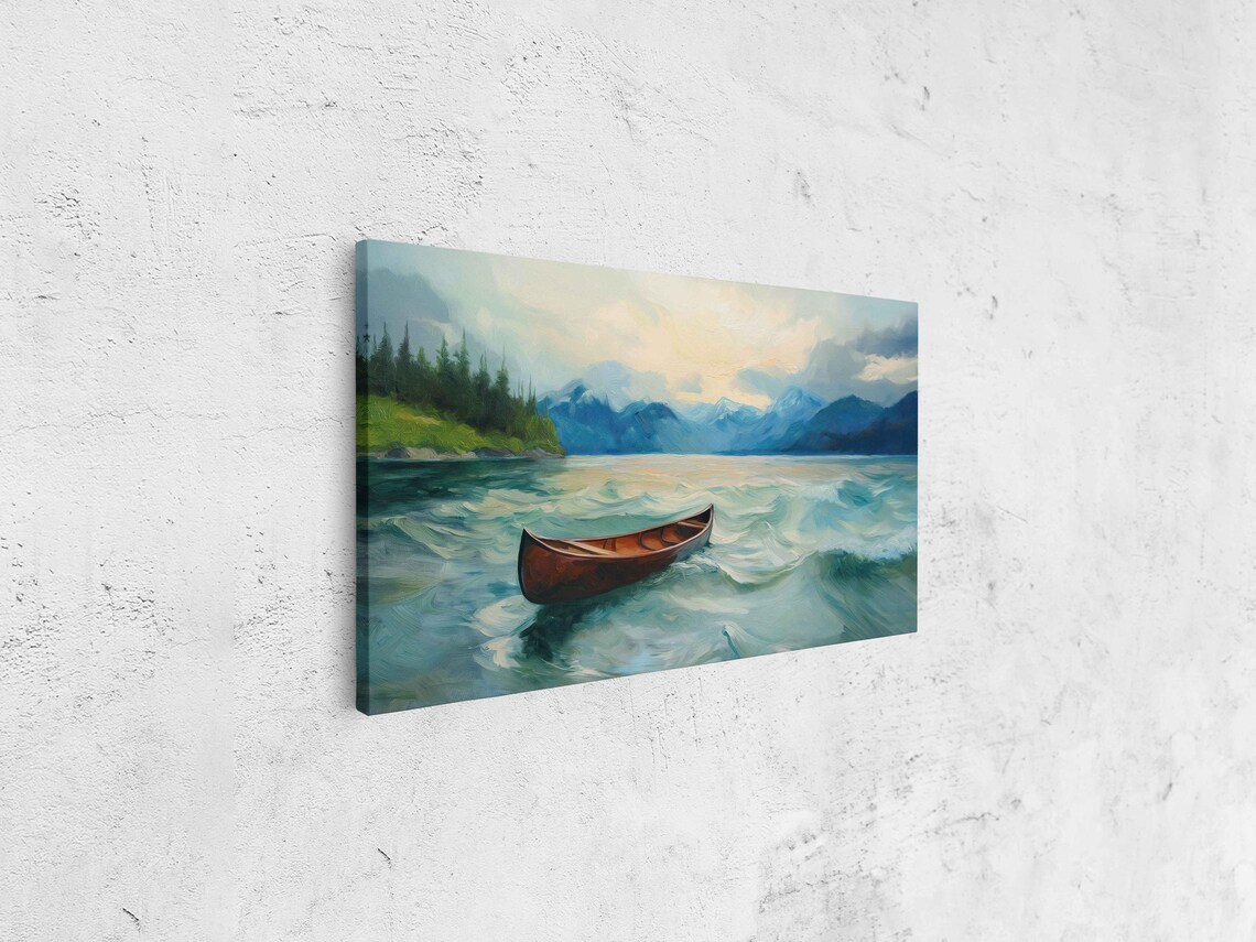 Wooden Canoe Turquoise Waves Mountain Lake Scenic Oil Painting Poster - Image 4