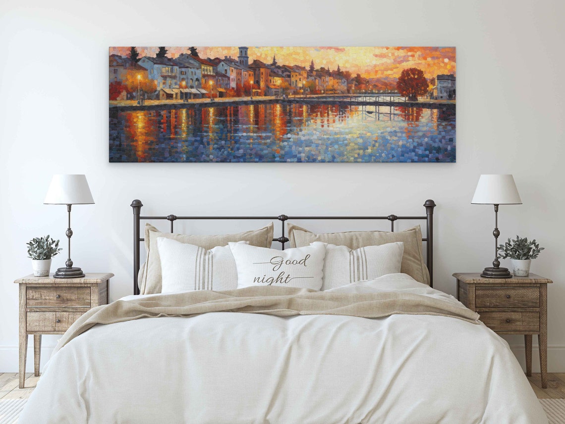 Small Quiet Town On A River Pointillist Painting Wall Art Framed Print Ready To Hang Panoramic Wall Art - Image 3