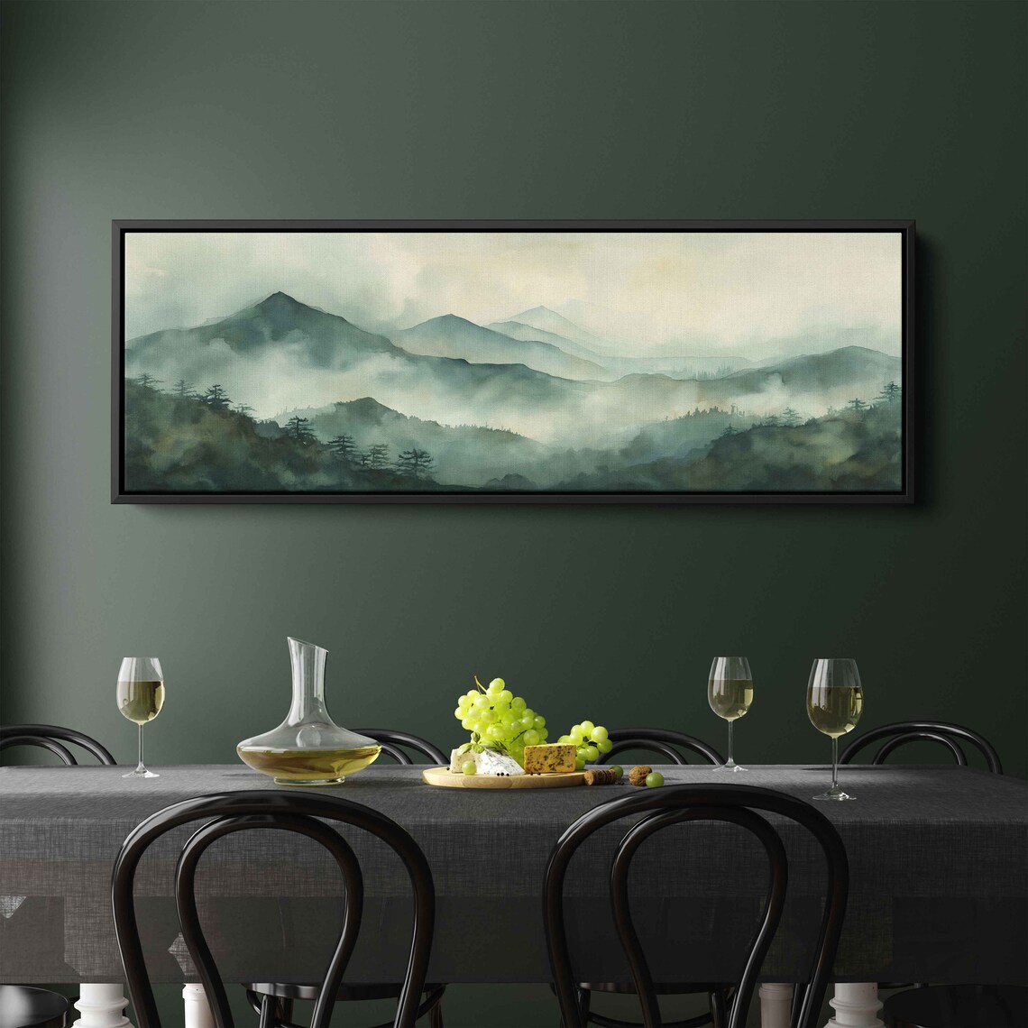 Foggy Mountain Landscape With Trees Painting Framed Print Ready To Hang