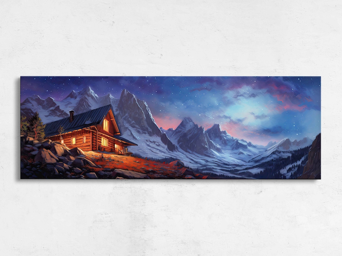 Log Cabin at Dusk Purple Starry Sky Snowy Peaks Night Art Poster