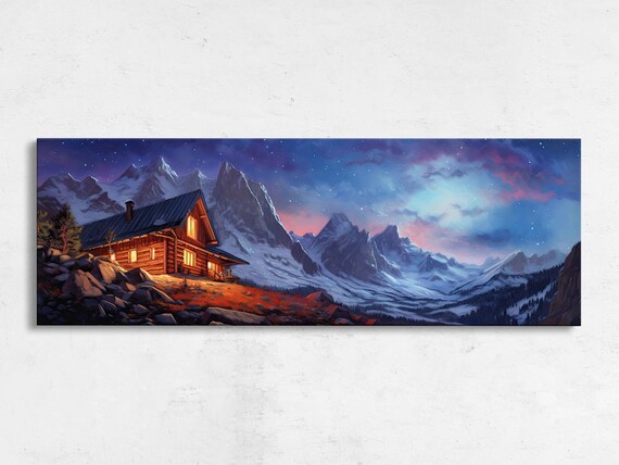 Cabin Starry Night Sky Panoramic Landscape Painting Framed Print Ready To Hang Coloful Night Sky Living Room Decor