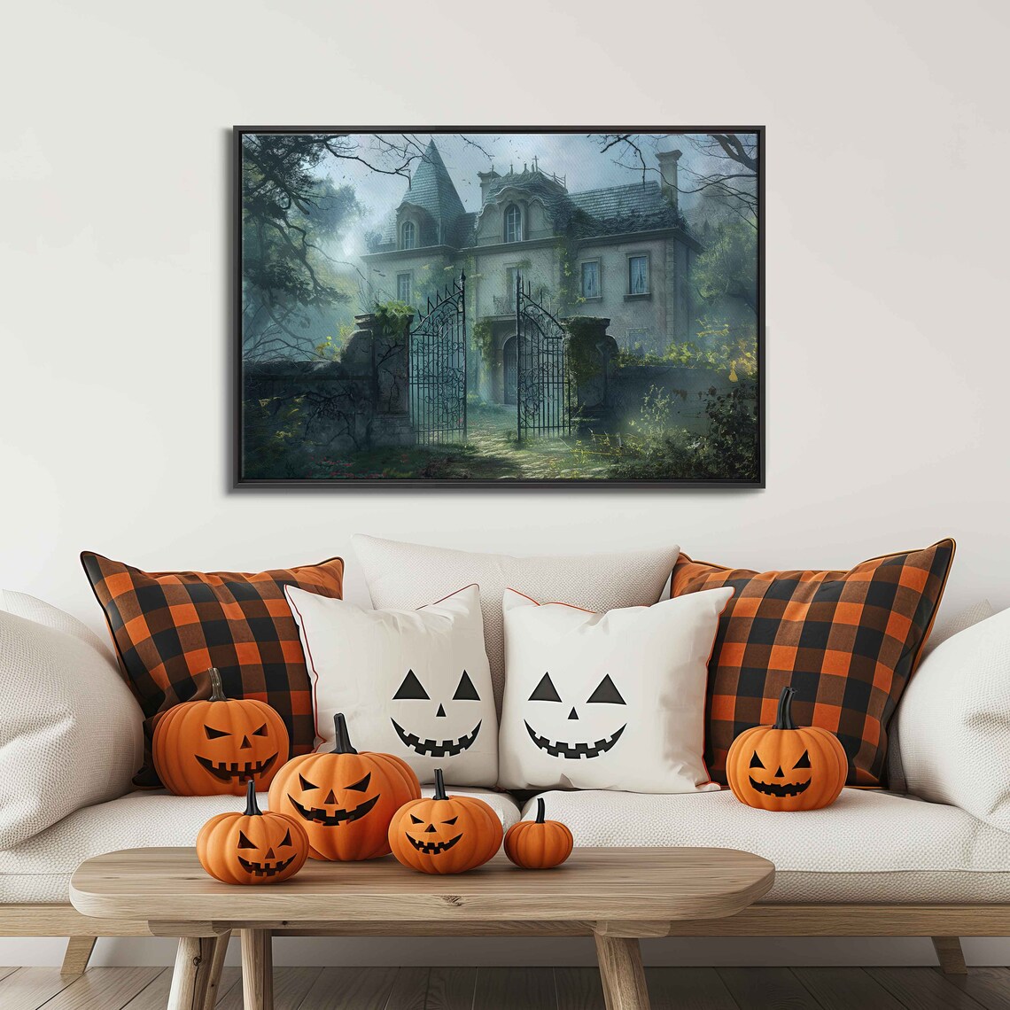 Overgrown Old Mansion With Iron Gates In Misty Fog Gray Green Tones Wall Art - Image 3