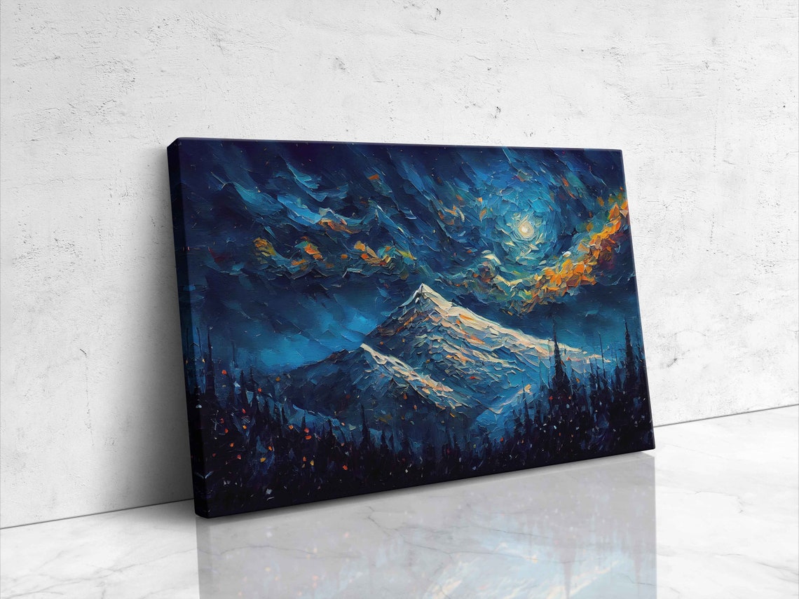 Starry Night Mountain Range Textured Oil Painting Palette Knife Technique Print On Ready To Hang - Image 4