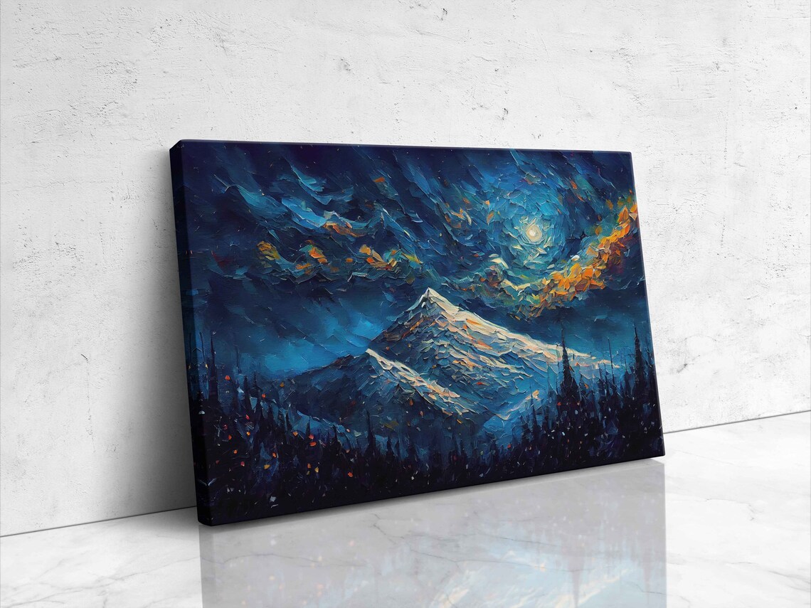 Starry Night Snowy Mountain Peak Moon Pines Textured Palette Knife Art Poster - Image 4