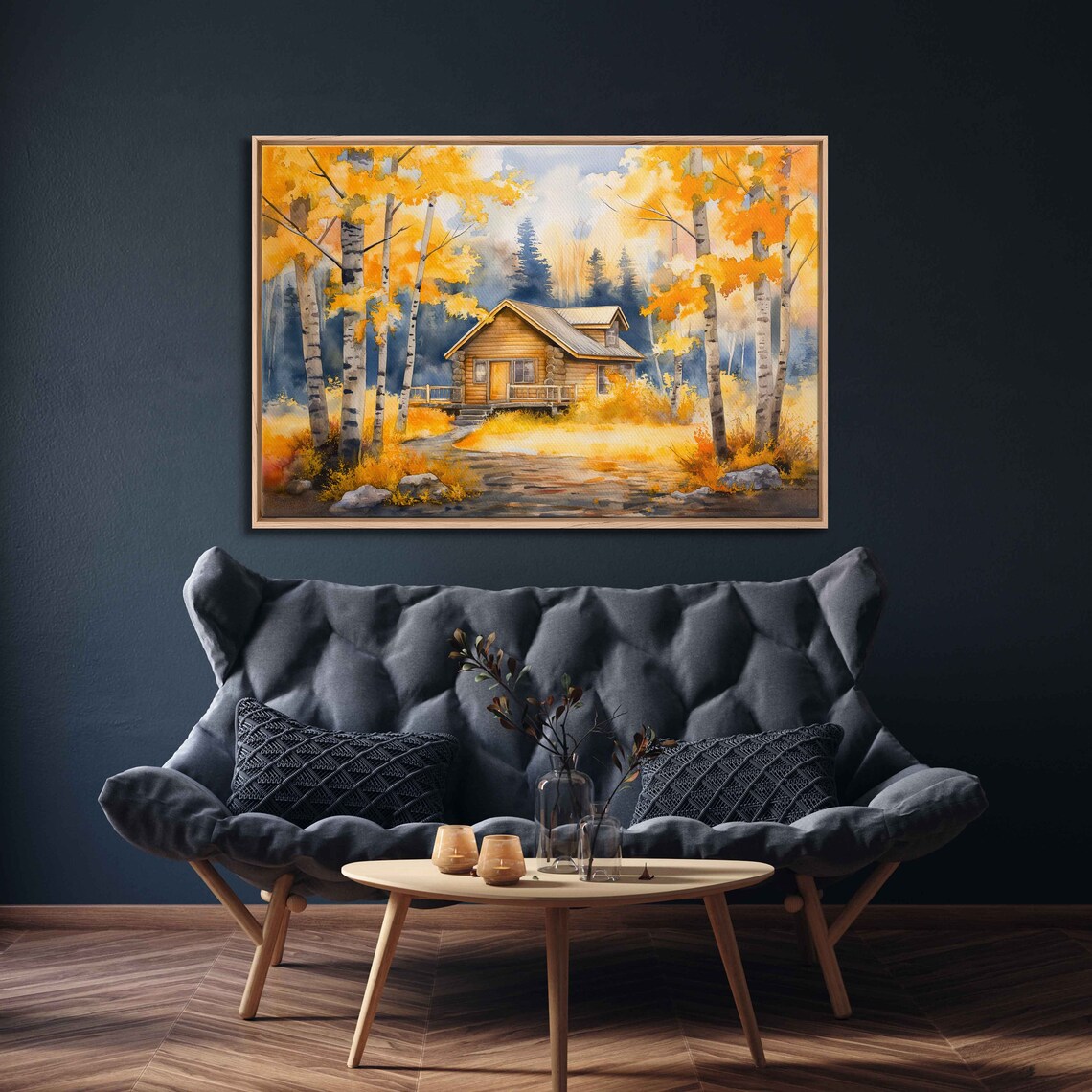 Log Cabin Among Golden Birch Trees In Autumn Watercolor Art Poster