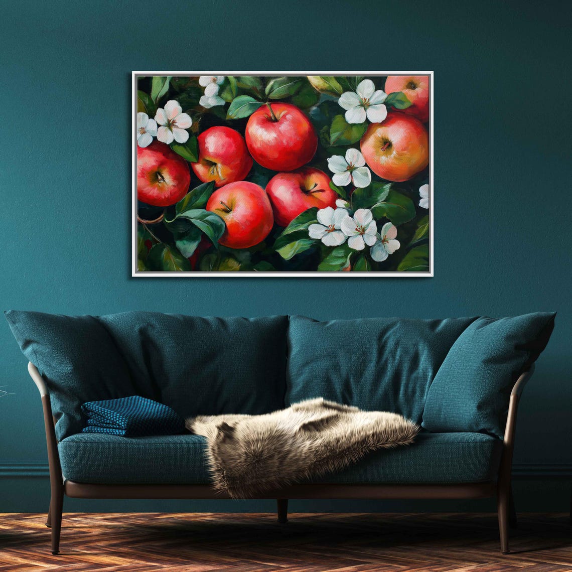 Glossy Red Apples White Blossoms Dark Leaves Orchard Art Print Poster - Image 3
