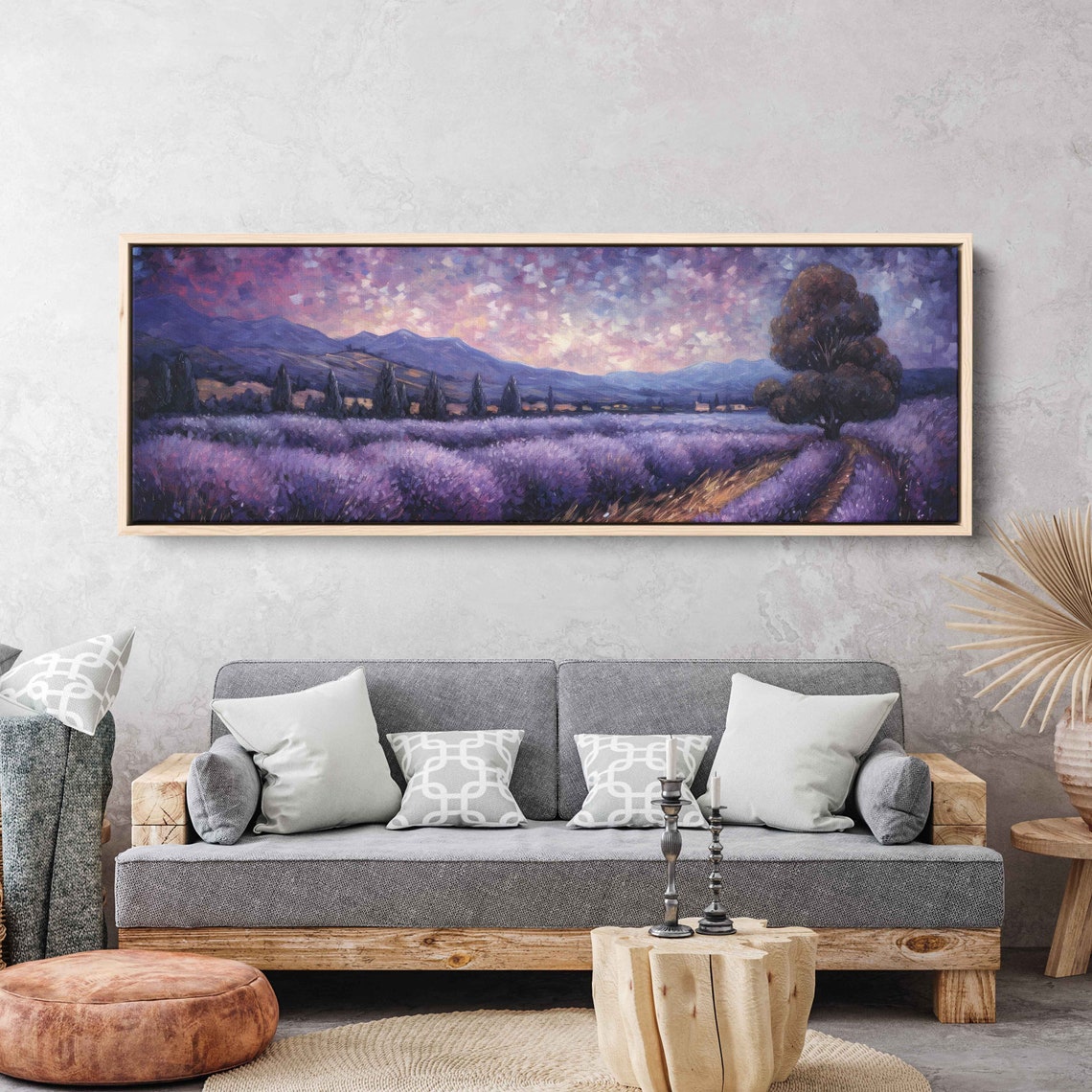 Lavender Field Dusk Mountains Panoramic Lone Tree Landscape Art Poster