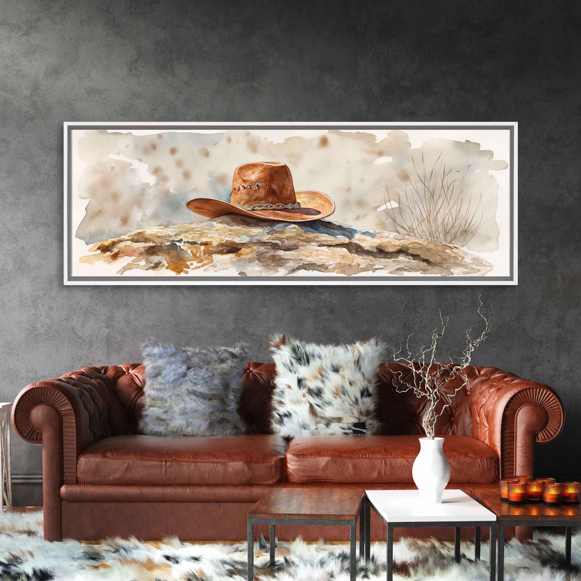 Cowboy Hat On Desert Rock Watercolor Rustic Western Wall Art - Image 3