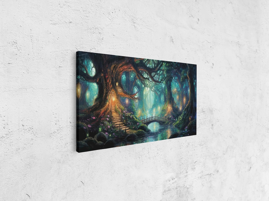 Enchanted Forest Village Fireflies Fantasy Art Print - Image 4