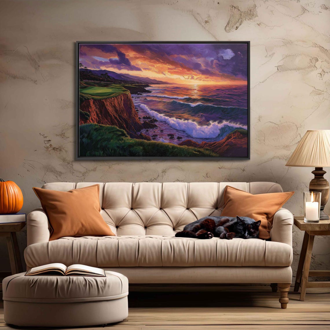 Pebble Beach Golf Course Cliffs Sunset Ocean Waves Vibrant Poster - Image 3