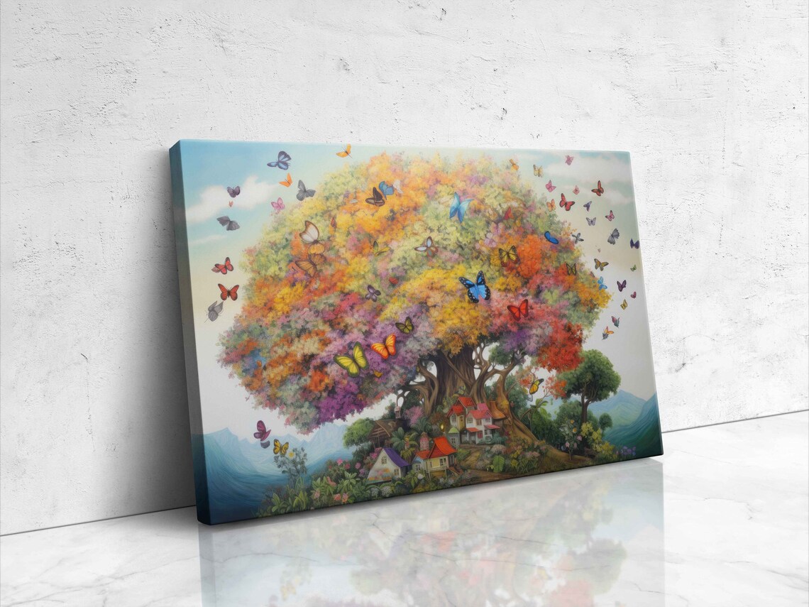 Rainbow Tree Of Life With Colorful Butterflies Fantasy Landscape Print - Image 4