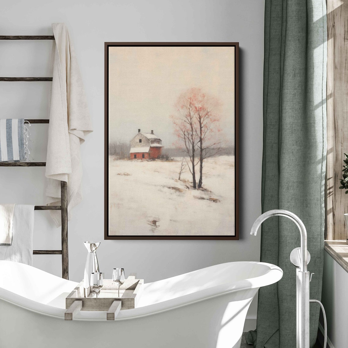 Snowy Winter Farmland Red Barn Minimalist Rural Landscape Snow Print - Image 3