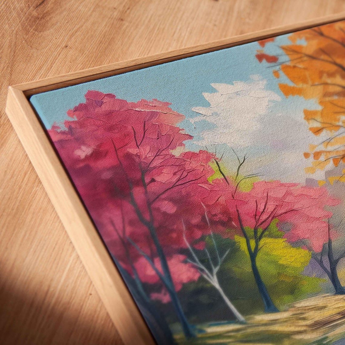 Colorful Autumn Trees Reflected In Calm River Water Painting Poster - Image 2