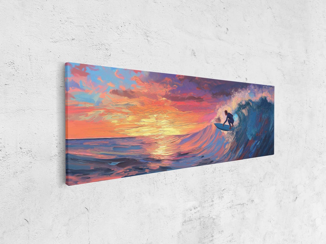 Surfer Riding Big Wave Sunset Oil Painting Dramatic Ocean Art Poster - Image 4