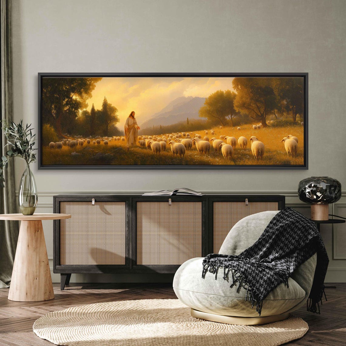 The Good Shepherd With His Flock At Sunset Panoramic Religious Poster - Image 3