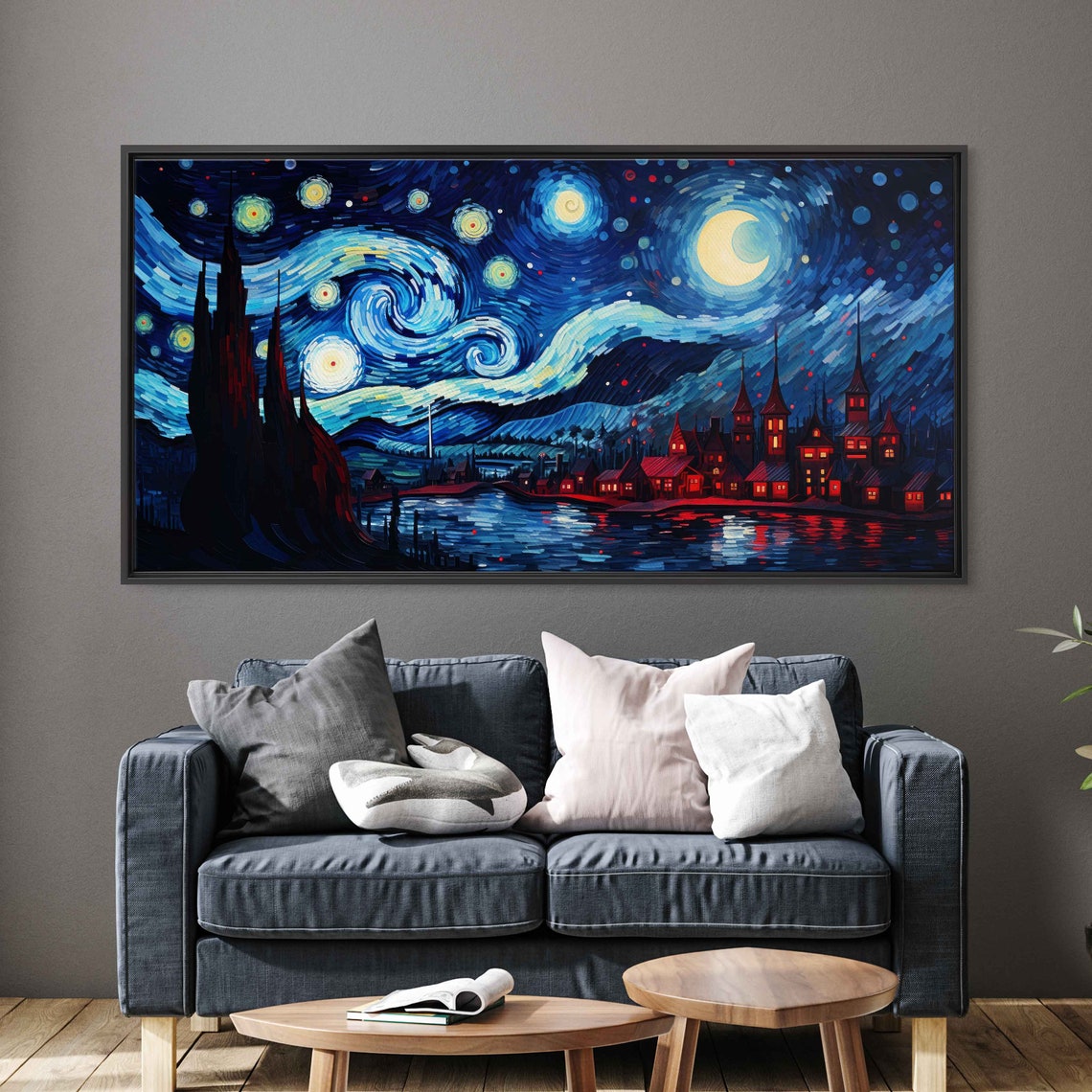 Starry Night Red Coastal Town Swirling Sky Moonlit Water Art Poster