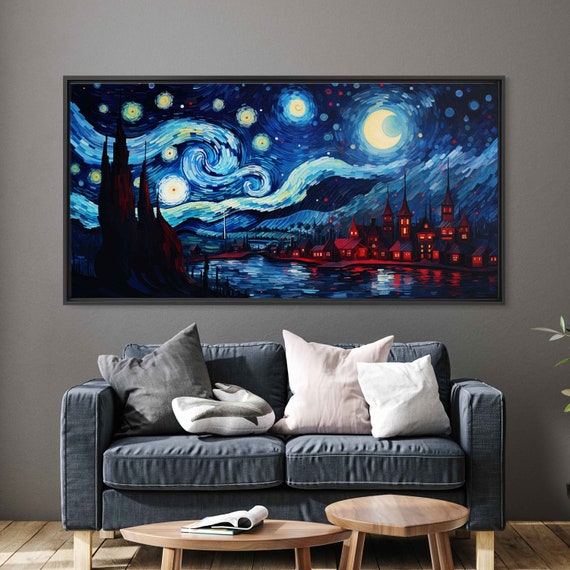 Starry Night Van Gogh Red Village Inspired Impressionist Wall Art Print Peaceful Night Skyscape Coastal Town Ready To Hang