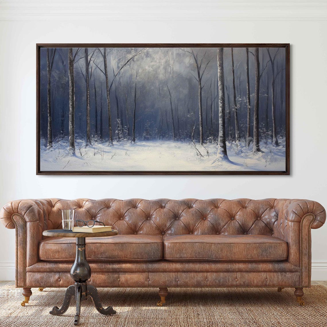 Moonlit Winter Forest Painting Snowy Birch Trees Blue Night Canvas Art