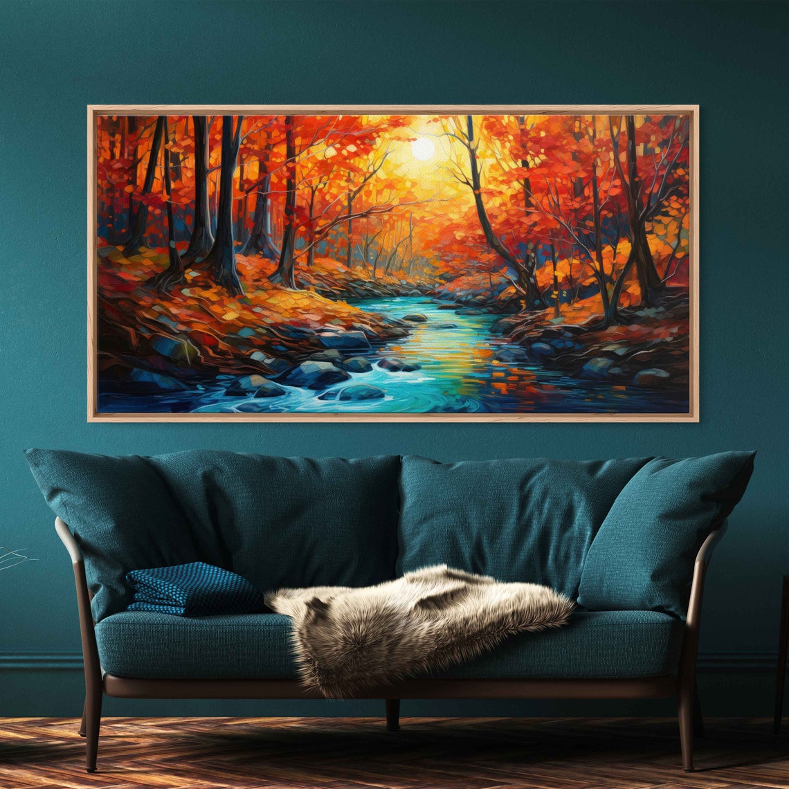 Autumn Forest Stream Sunlit Fall Foliage Colorful Nature Poster