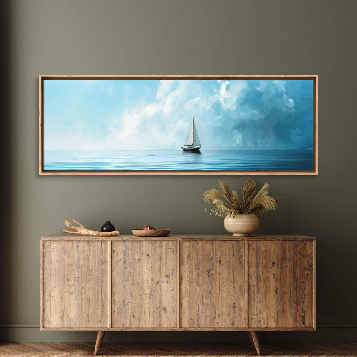Small Sailboat Under Billowing Clouds Calm Turquoise Sea Poster - Image 3