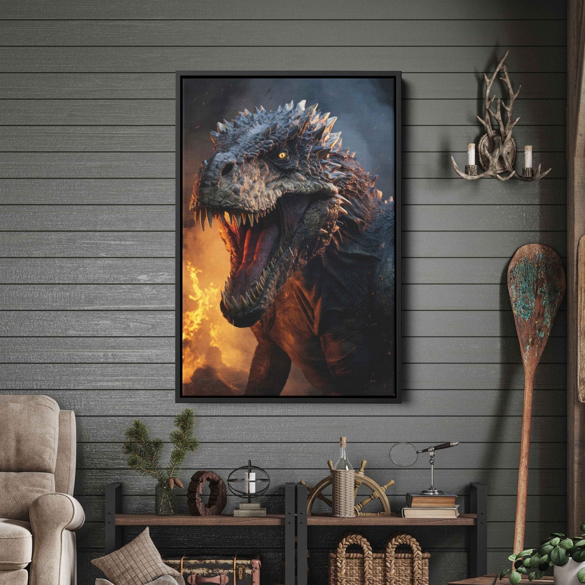 Roaring T-Rex Dinosaur Flames Fiery Background Dramatic Fantasy Poster - Image 2