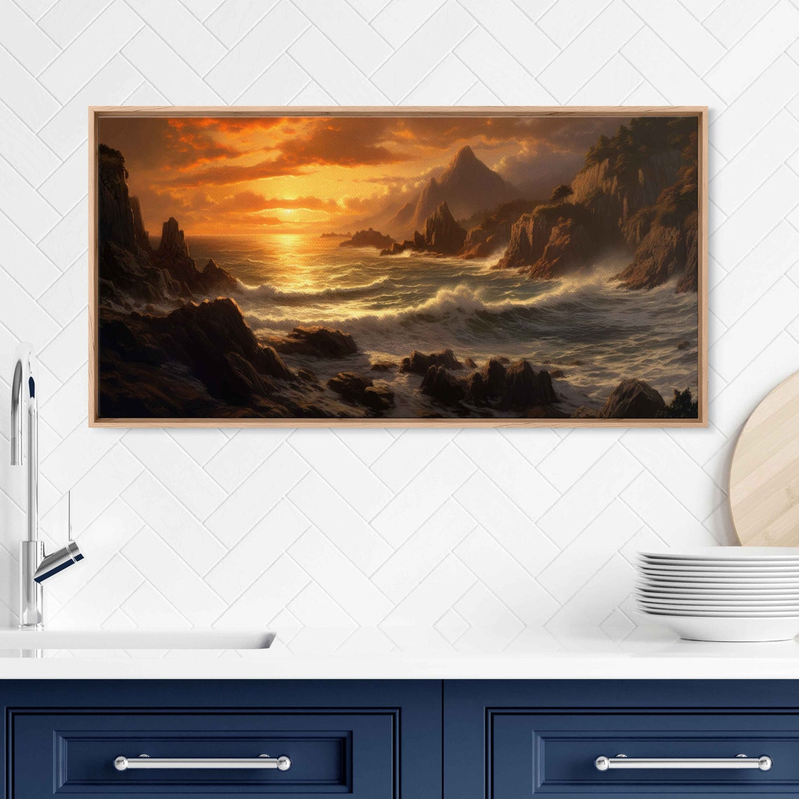 Rocky Coast Sunset Crashing Waves Golden Cliffs Seascape Travel Poster - Image 3