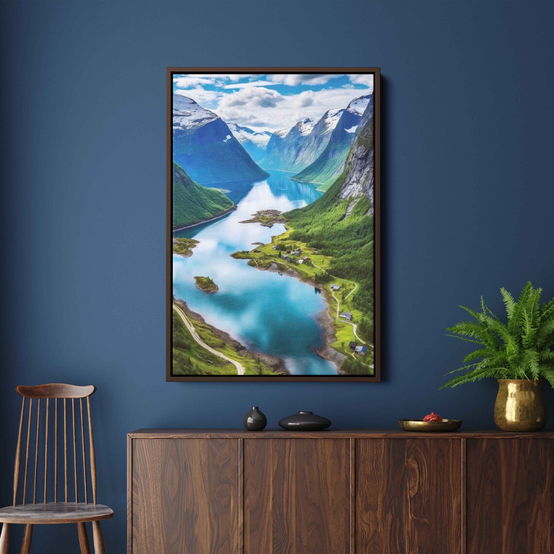 Green Fjord Valley Turquoise Water Snowy Peaks Scenic Travel Poster