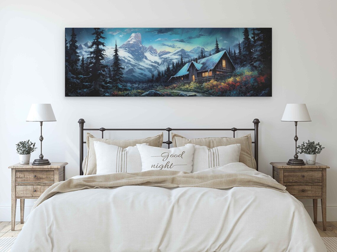 Snowy Mountain Cabin Teal Starry Night Sky Aurora Glow Winter Art Poster - Image 3