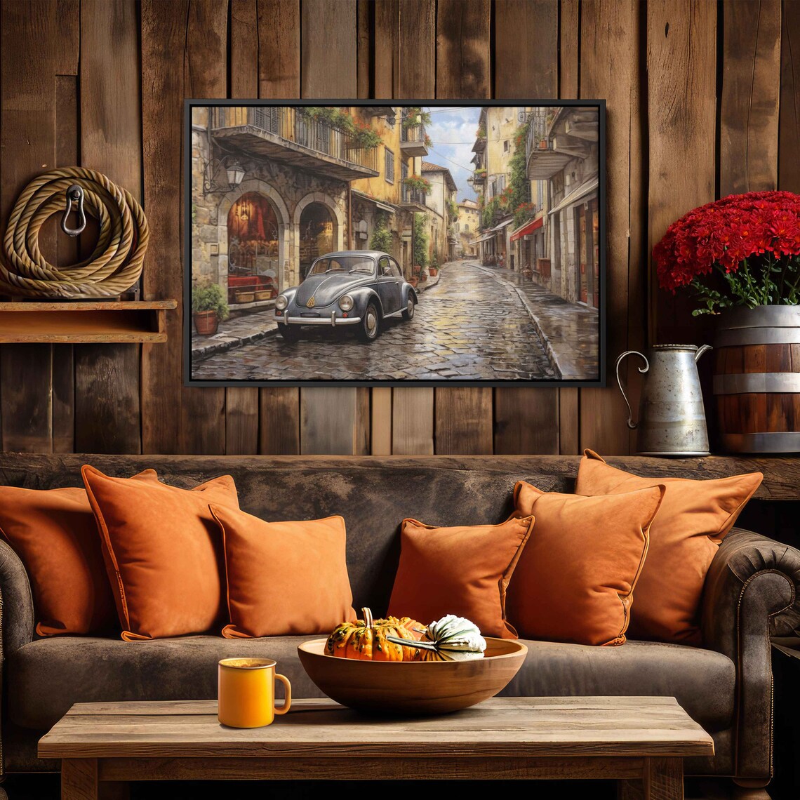 Vintage Blue Volkswagen Beetle Italian Cobblestone Street Poster - Image 2
